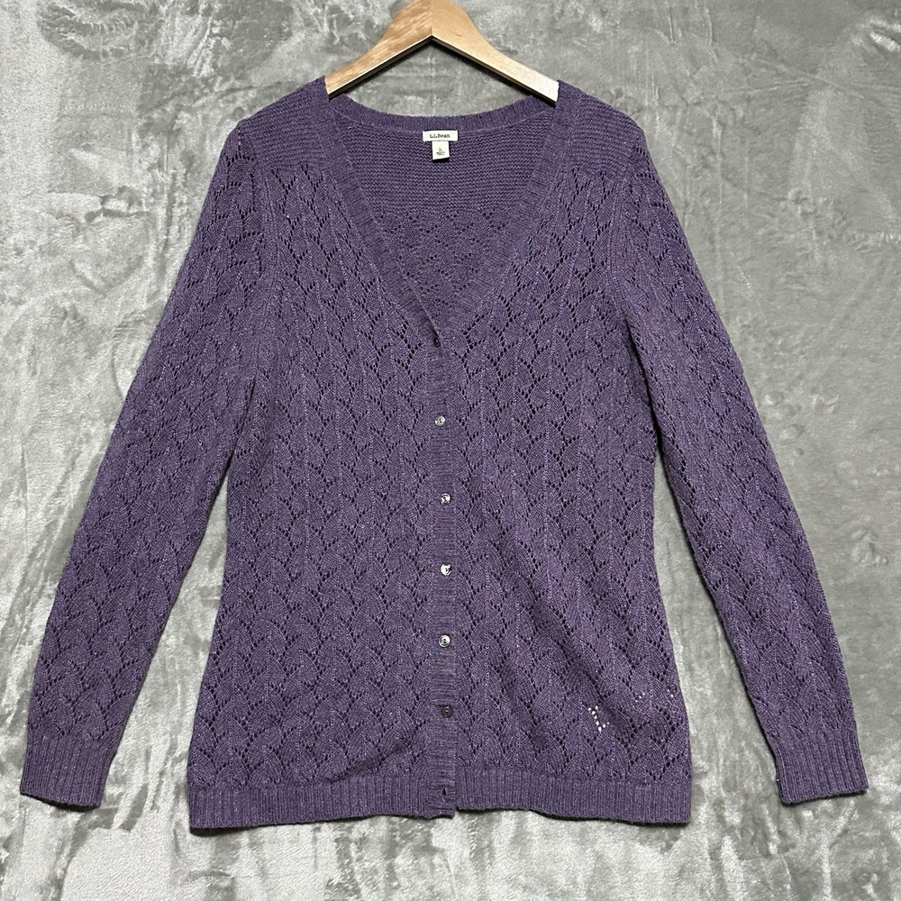 LL Bean Open Knit Cardigan Sweater Pointelle Womens L Purple Granny Cottagecore